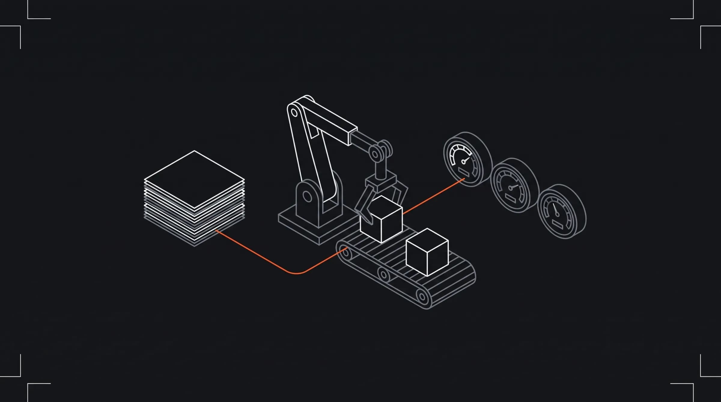 An isometric line drawing of a stack of blank sheets joined by one orange line to a mechanical arm placing blocks on a conveyor, and on to a row of three round gauges.