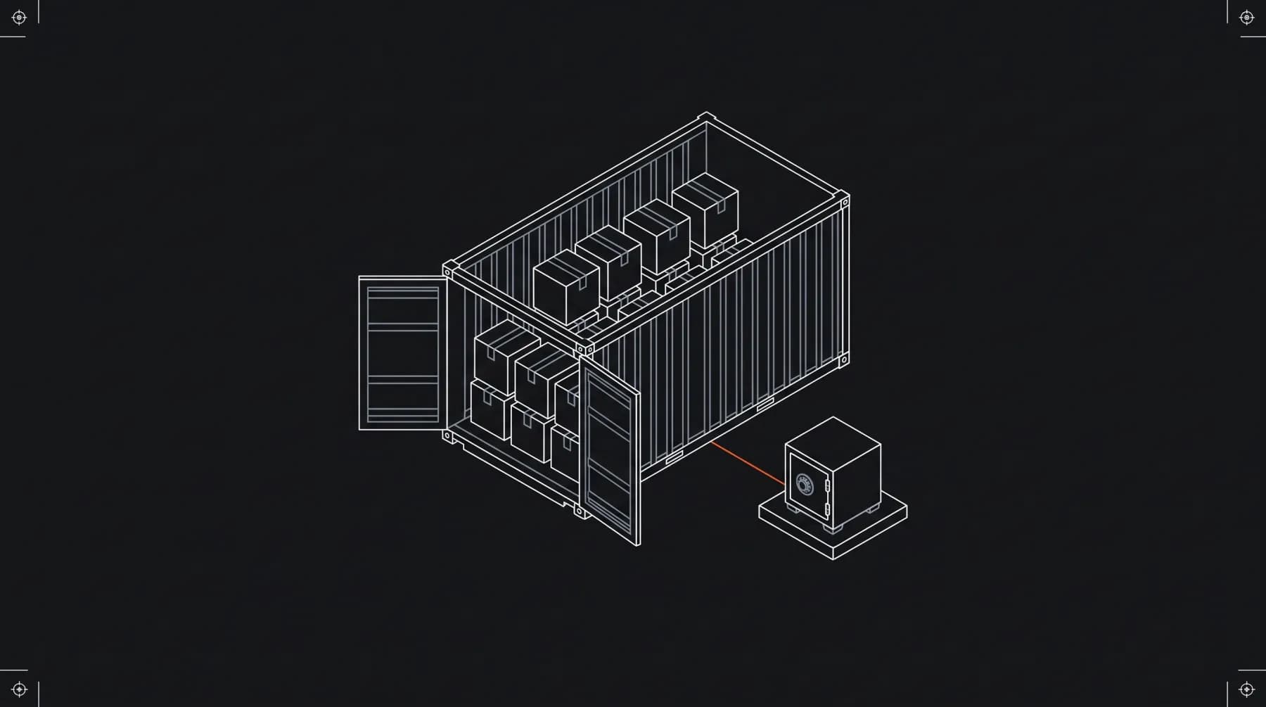 Un contenedor de carga abierto, en vista isométrica, con pilas ordenadas de cajas sin marcas; una caja fuerte pequeña y cerrada está aparte en su propia base, unida al contenedor por una línea naranja delgada.