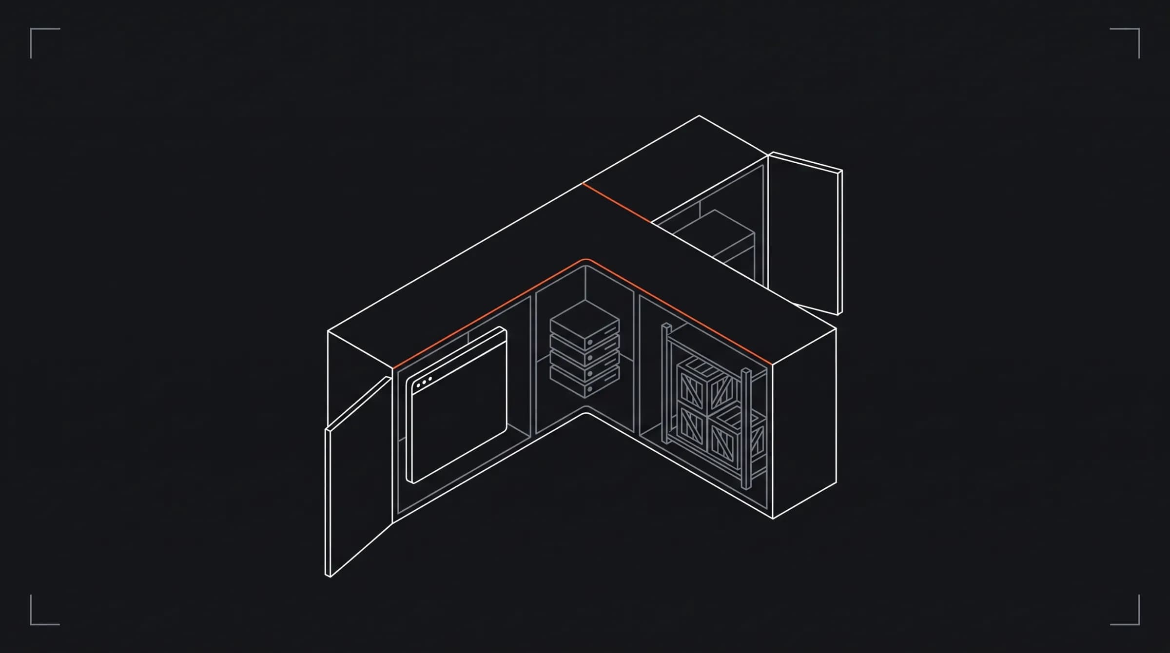 An isometric line drawing of an open cabinet with three compartments: a blank browser window, a stack of servers and a rack of crates, joined along the back by one orange line.