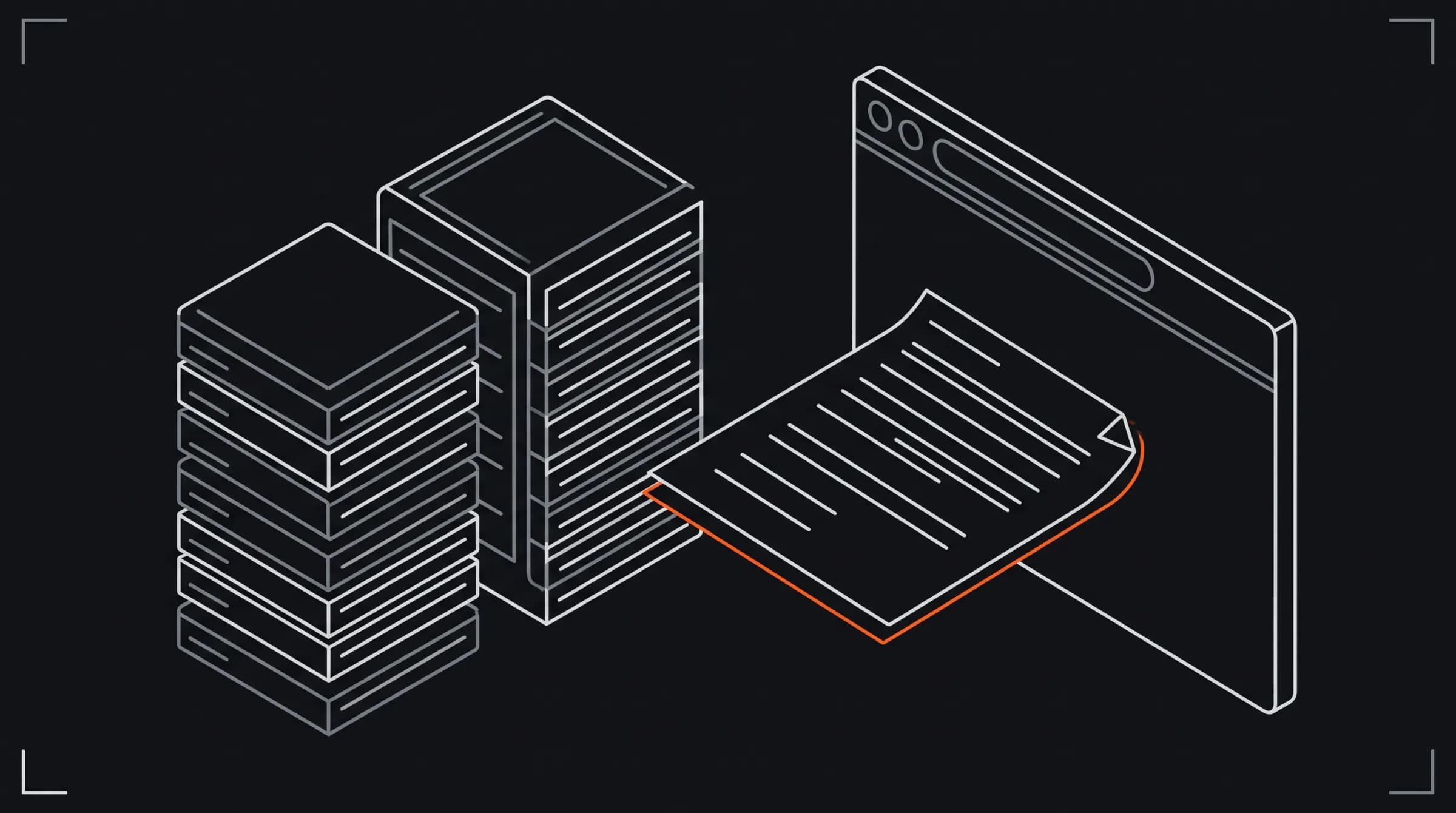 An isometric line drawing of two server towers on the left and a browser window on the right, joined by one printed sheet that runs between them like a bridge, its edge traced in orange.