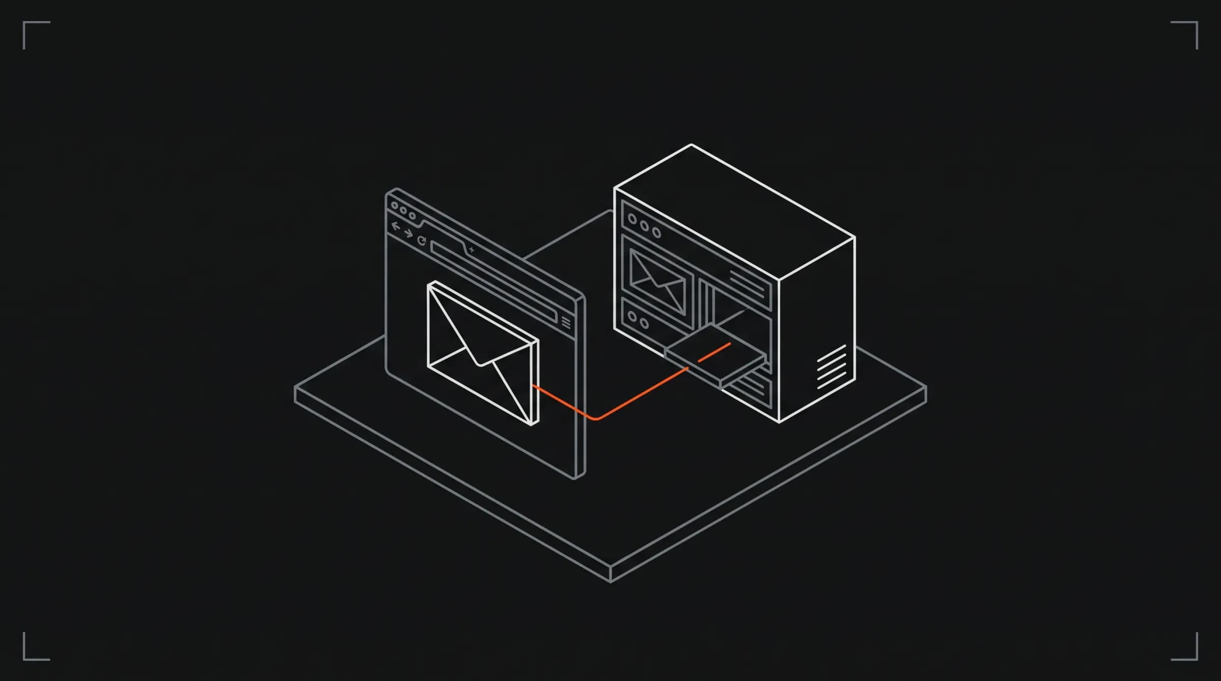 An isometric line drawing of a browser window holding an envelope; an orange line carries the envelope across a desk into a slot in a server cabinet.