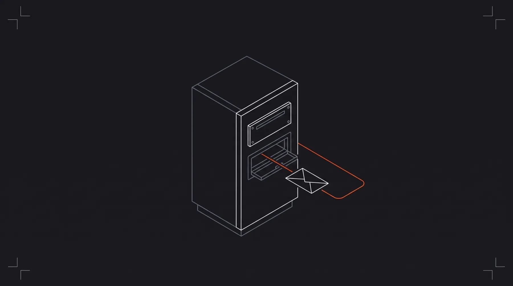 An isometric server cabinet with two mail slots: the upper one sealed with a blank plate, the lower one open, and an envelope following an orange line into it.